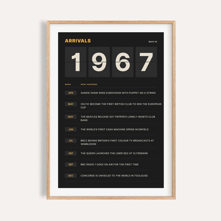 1967 print styled as a split flap arrivals board on a plain warm wall