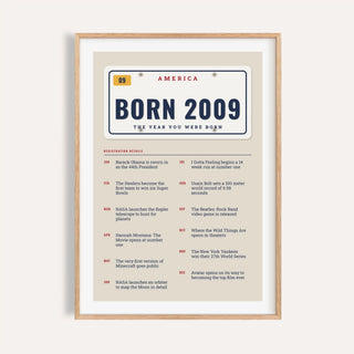 2009 print styled as an embossed license plate on a plain warm wall