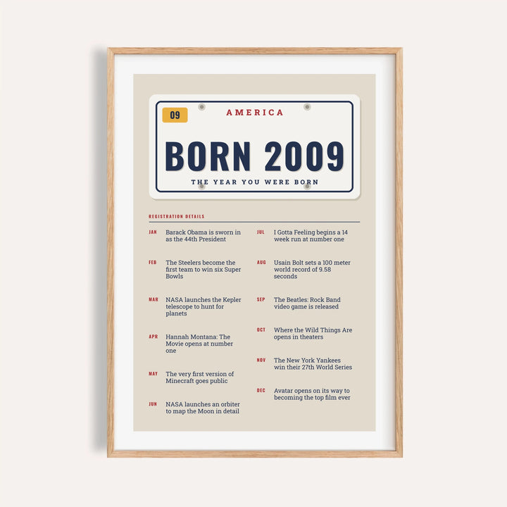 2009 print styled as an embossed license plate on a plain warm wall