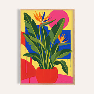 Bird of paradise print with orange flowers in a red pot on yellow and cobalt