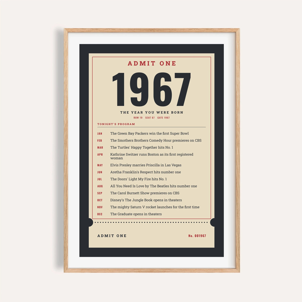 1967 print styled as an Admit One ticket on a plain warm wall