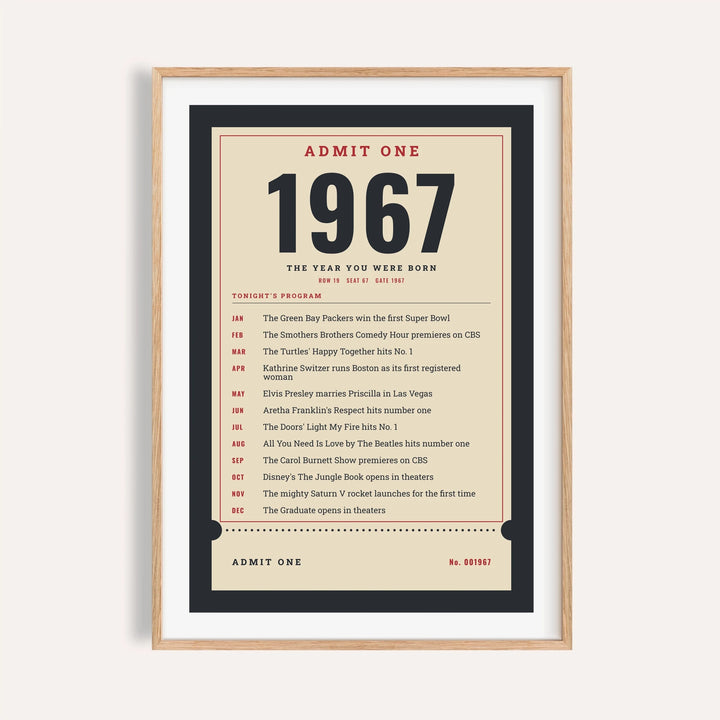 1967 print styled as an Admit One ticket on a plain warm wall