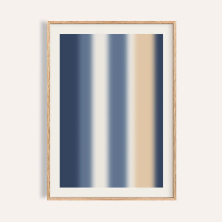 Blue and cream wall art with seven soft stripes of navy, slate blue and sand