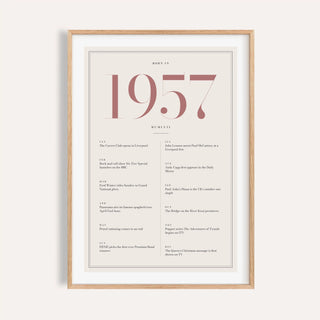 1957 year print with dusty rose numerals on cream on a plain warm wall