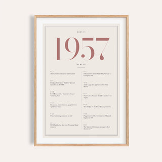 1957 year print with dusty rose numerals on cream on a plain warm wall