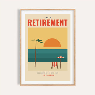 Visit retirement travel print shown on a plain warm cream wall