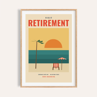 Visit retirement travel print shown on a plain warm cream wall