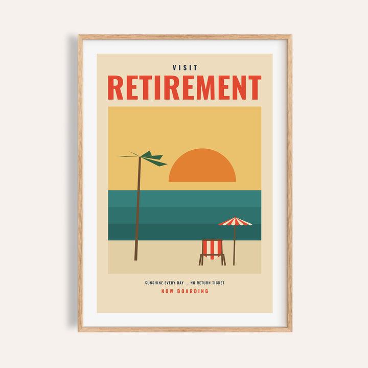 Visit retirement travel print shown on a plain warm cream wall