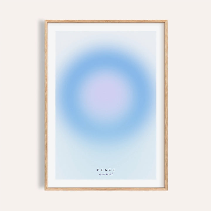 Pale blue and lilac aura print shown on a plain warm wall