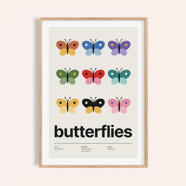 Butterfly specimen print shown on a plain warm cream wall