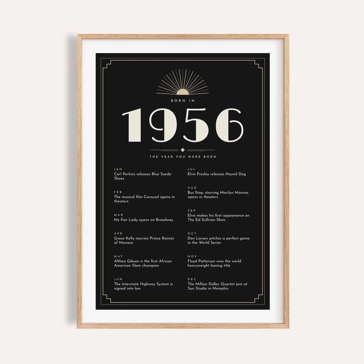 1956 Art Deco print in cream on black on a plain warm wall