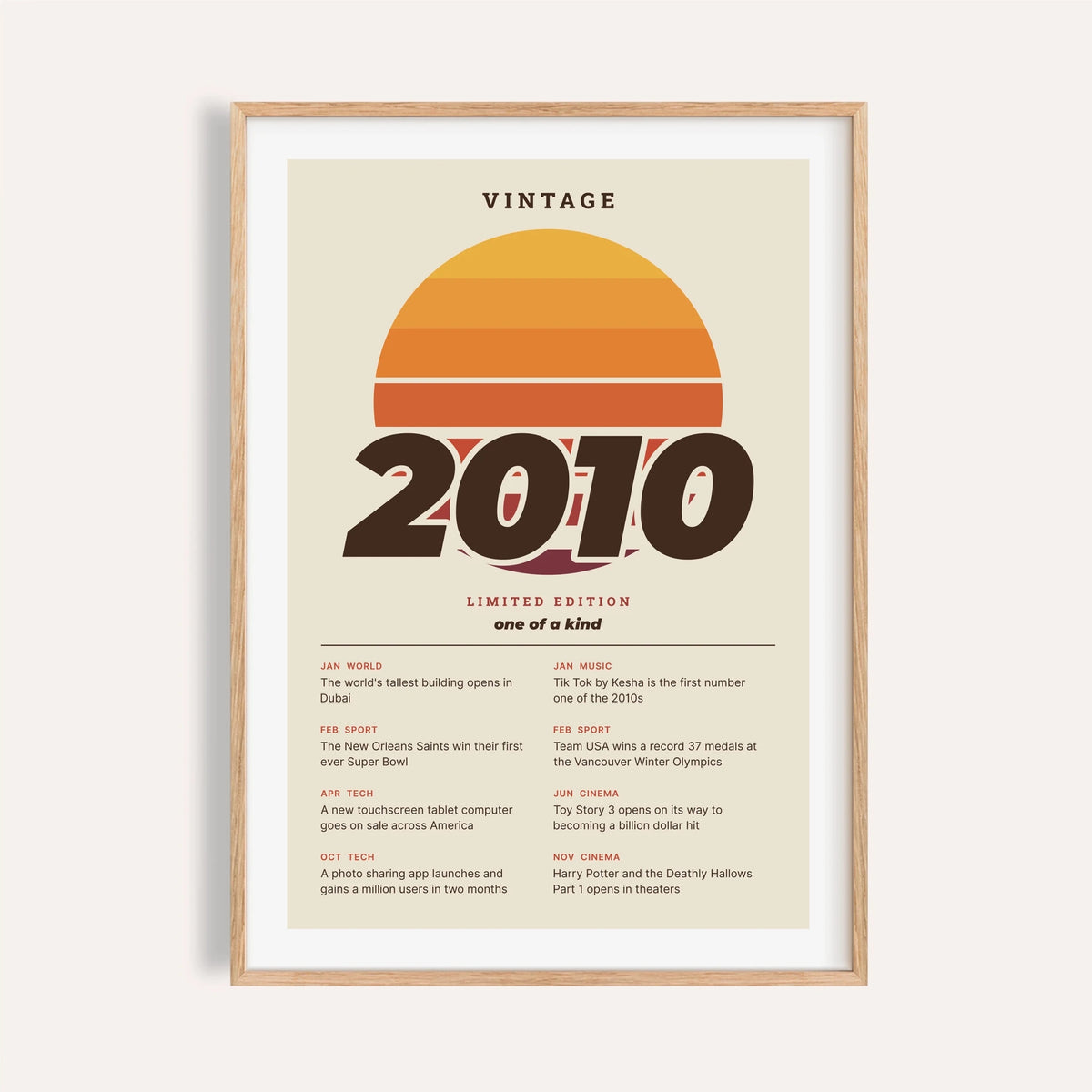 Vintage 2010 print with a retro striped sunset on a plain warm wall