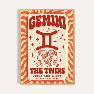 Gemini poster with melty GEMINI lettering, two line drawn faces and coral stripes