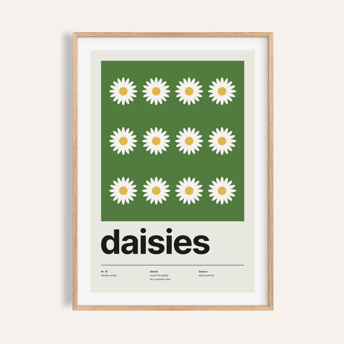 Daisy flower print shown on a plain warm cream wall