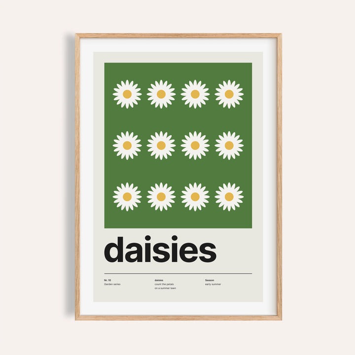 Daisy flower print shown on a plain warm cream wall