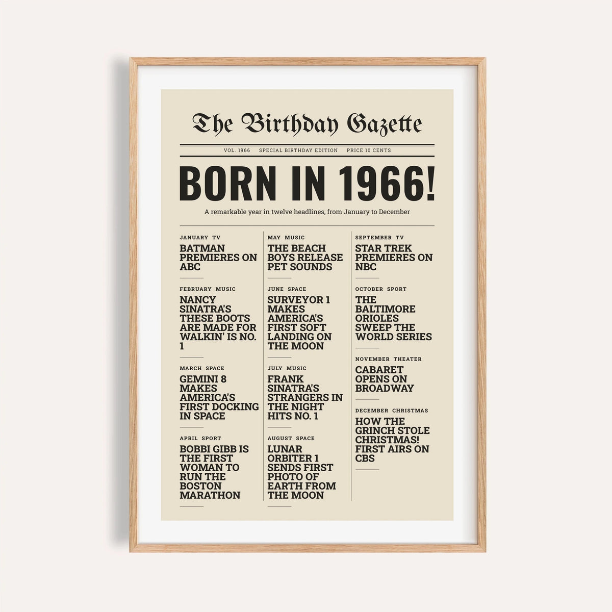 1966 print styled as a newspaper front page on a plain warm wall