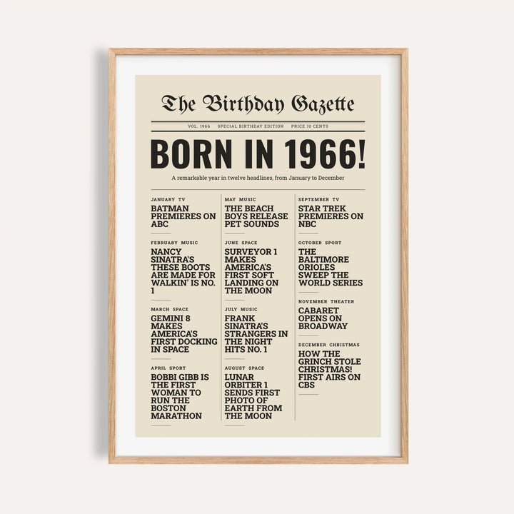 1966 print styled as a newspaper front page on a plain warm wall