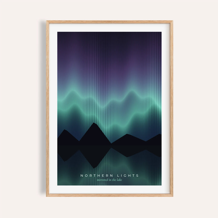 Aurora mirrored in a lake print shown on a plain warm wall