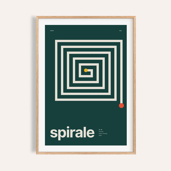 Cream square spiral on deep green print shown on a plain warm wall