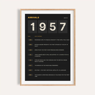1957 print styled as a split flap arrivals board on a plain warm wall