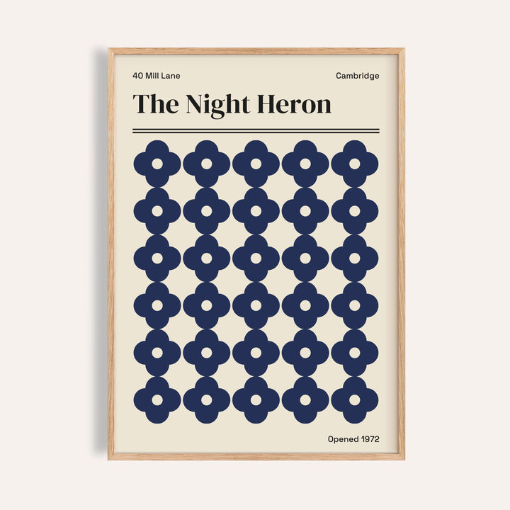 Cambridge print of The Night Heron with navy quatrefoil flowers on cream