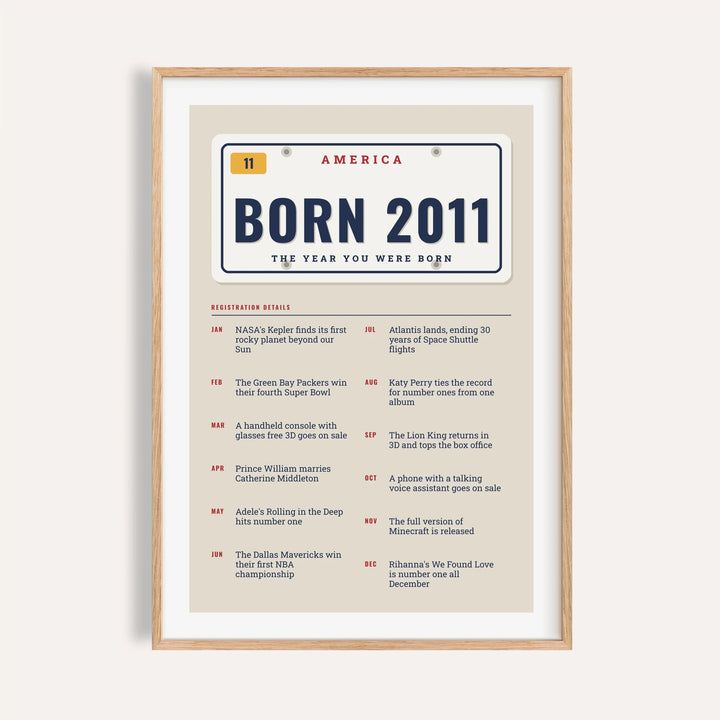 2011 print styled as an embossed license plate on a plain warm wall