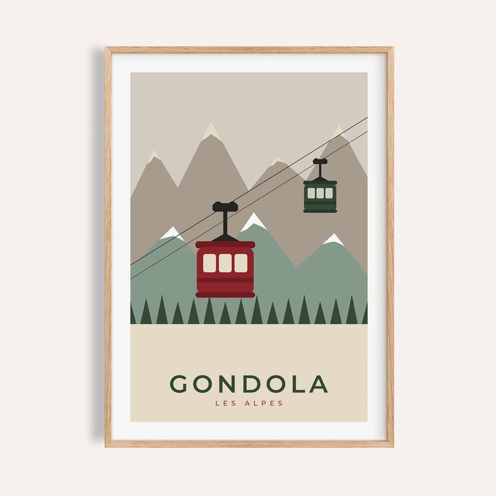 Red alpine gondola print shown on a plain warm wall