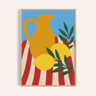 Still life poster of a jug and lemons shown on a plain warm wall