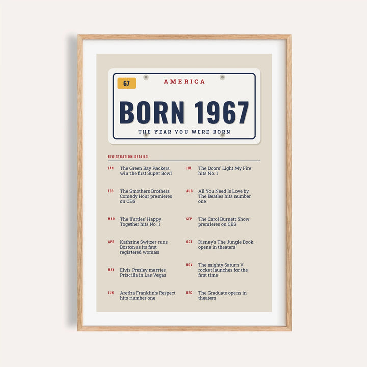 1967 print styled as an embossed license plate on a plain warm wall