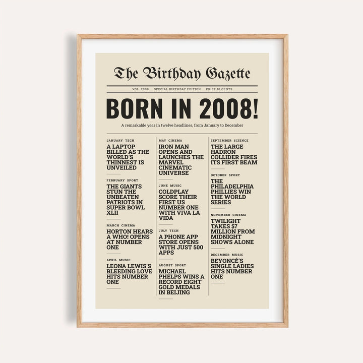 2008 print styled as a newspaper front page on a plain warm wall