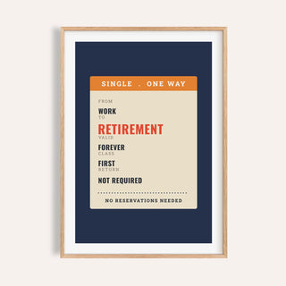One way ticket retirement print shown on a plain warm cream wall