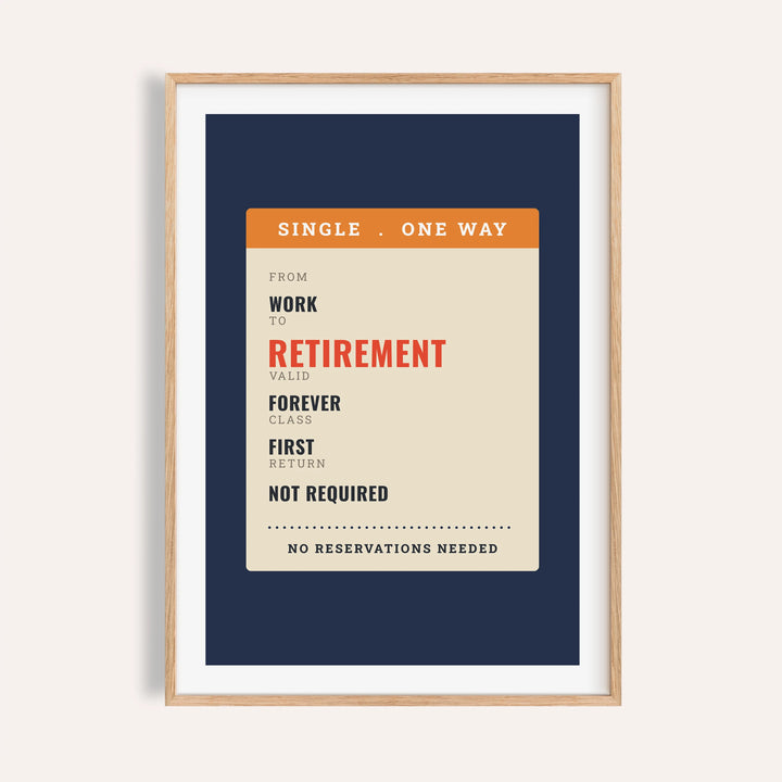 One way ticket retirement print shown on a plain warm cream wall