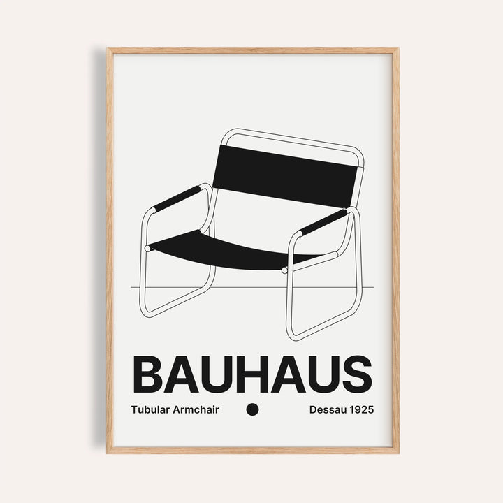 Armchair print of a tubular steel armchair with a black sling seat and BAUHAUS wordmark