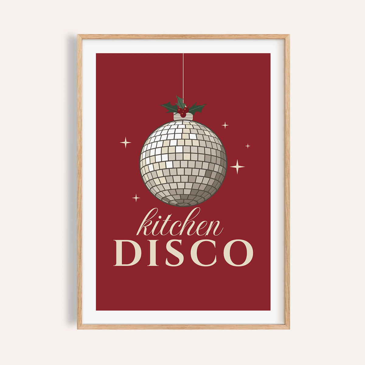 Red kitchen disco print shown on a plain warm wall