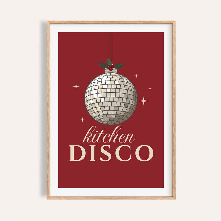Red kitchen disco print shown on a plain warm wall