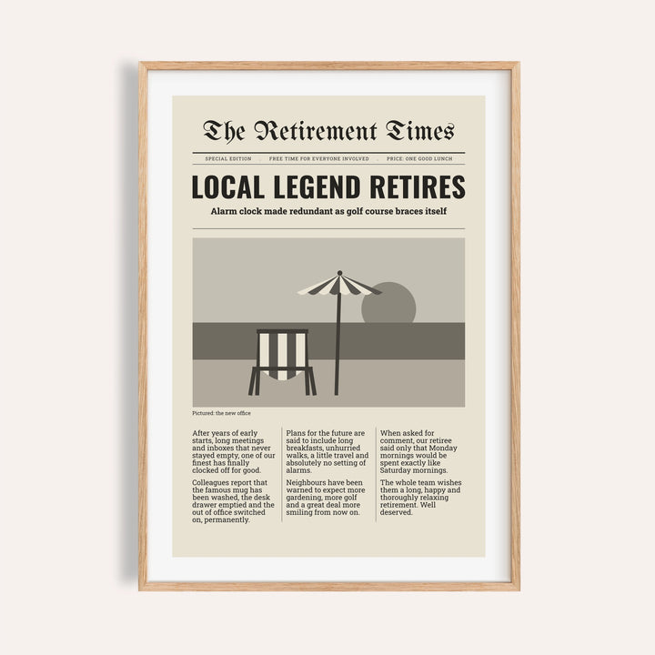 Retirement Times newspaper print shown on a plain warm cream wall