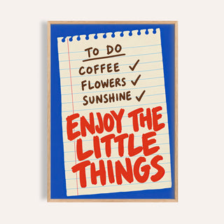 Quote wall art showing a to do list and ENJOY THE LITTLE THINGS on cobalt