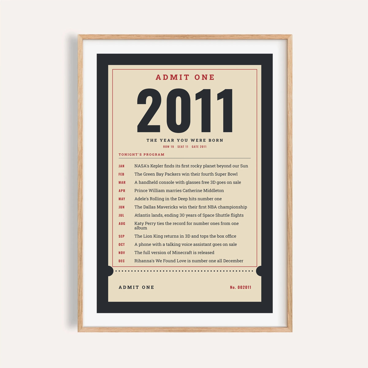 2011 print styled as an Admit One ticket on a plain warm wall