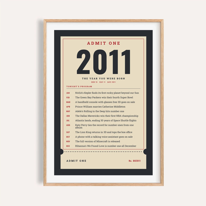 2011 print styled as an Admit One ticket on a plain warm wall