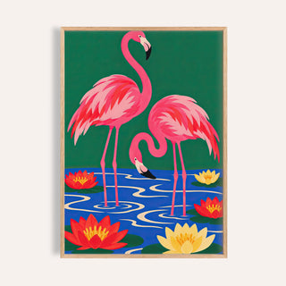 Lily Pond Flamingos print with two pink flamingos among water lilies on emerald