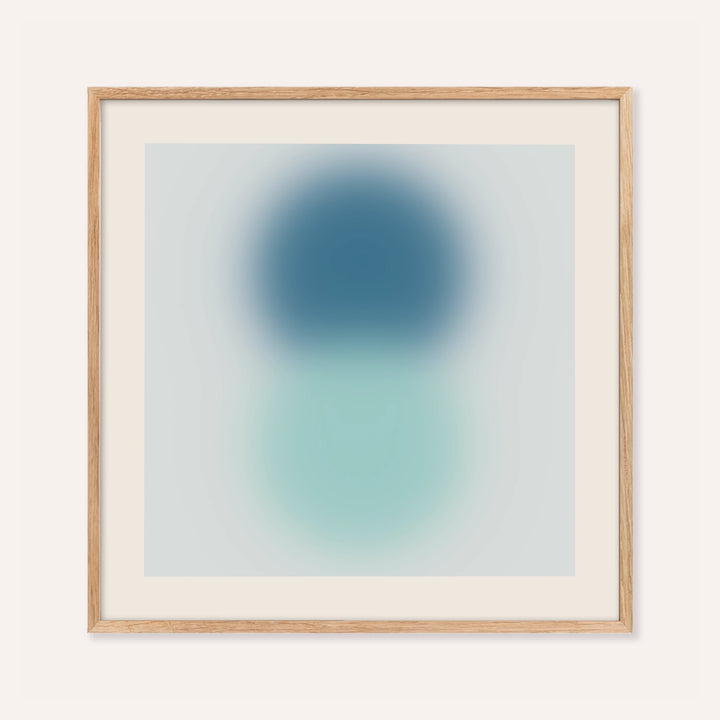 Aqua print with a deep teal orb stacked above a pale aqua orb