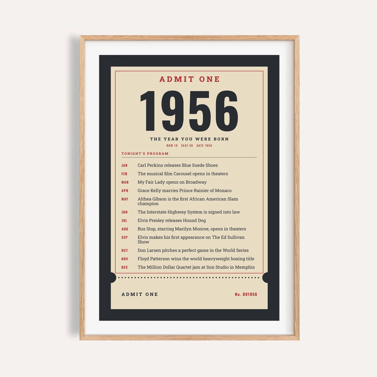 1956 print styled as an Admit One ticket on a plain warm wall