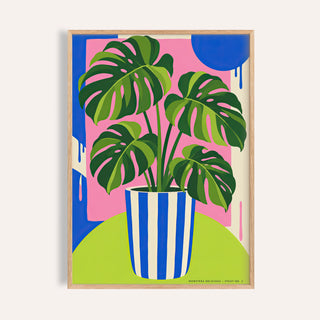 Striped Pot Monstera print on pink, cobalt and lime colour blocks