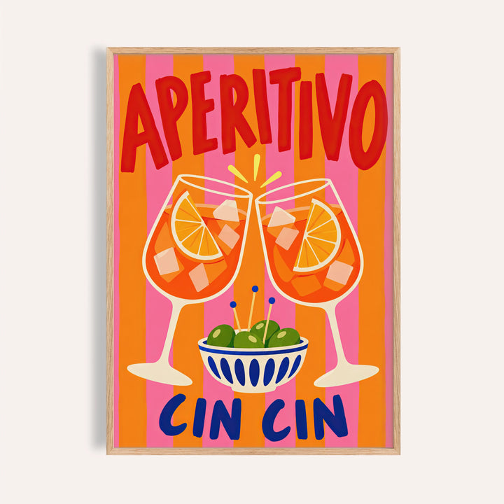 Cin cin print with APERITIVO lettering, two orange spritz glasses and olives