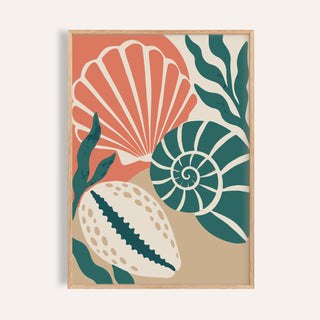 Seashell wall art on warm sand shown on a plain warm wall