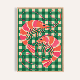 Shrimp poster with two curled pink prawns on an emerald gingham check