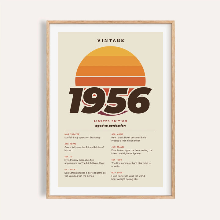 Vintage 1956 print with a retro striped sunset on a plain warm wall