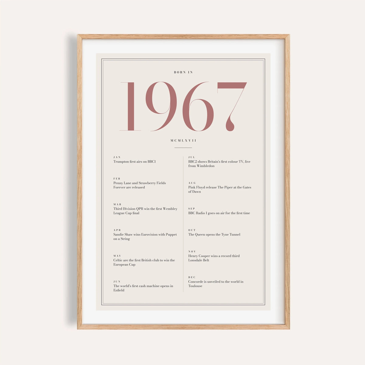 1967 year print with dusty rose numerals on cream on a plain warm wall