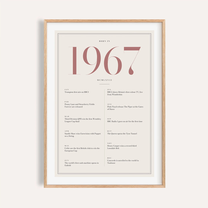 1967 year print with dusty rose numerals on cream on a plain warm wall