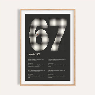 1967 print with the year built from cream dots on a plain warm wall